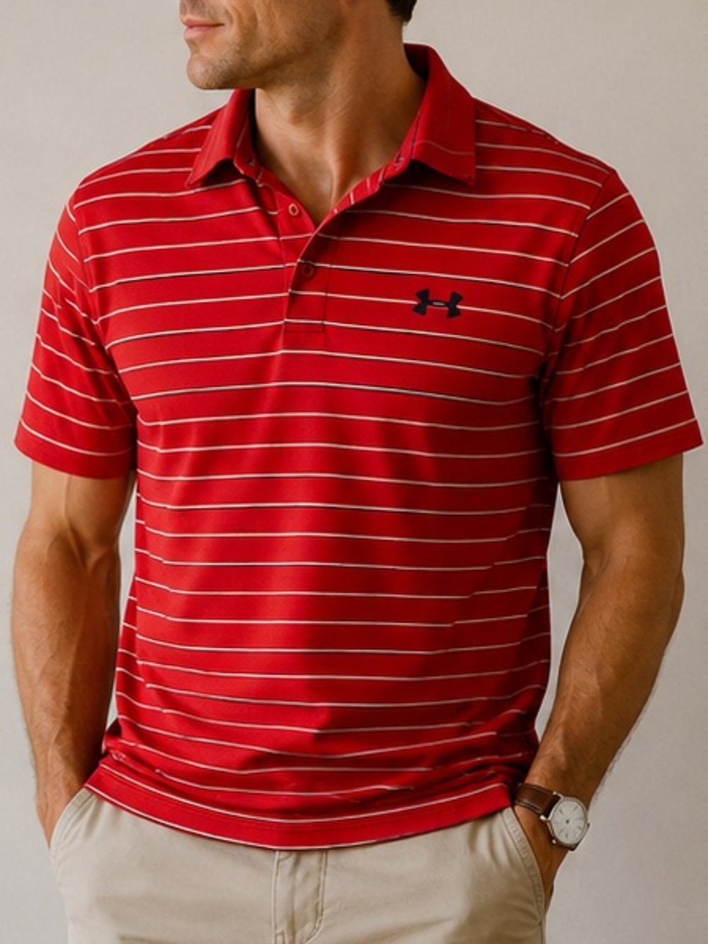 Under Armour Men’s Red Polo with Thin White Stripes